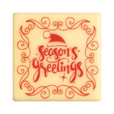 Squares white choc Season's greetings 3.5 cm