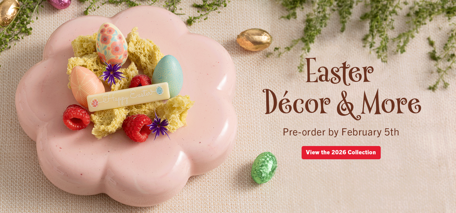 A pink flower entremet featuring Easter décor and more